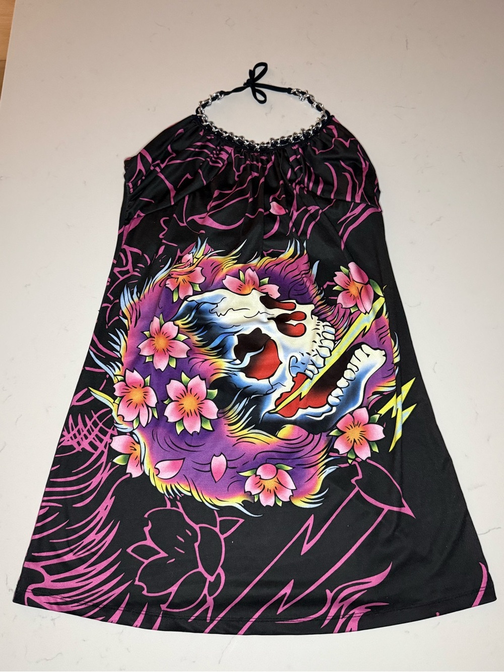 RARE Ed Hardy Black Floral Skull Halter Dress